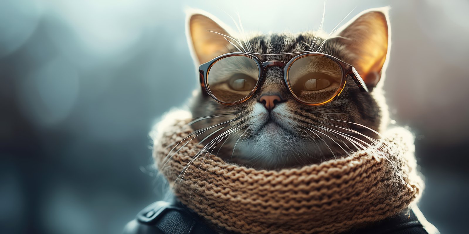 Stylish cat wearing glasses and a scarf poses confidently outdoors in soft light